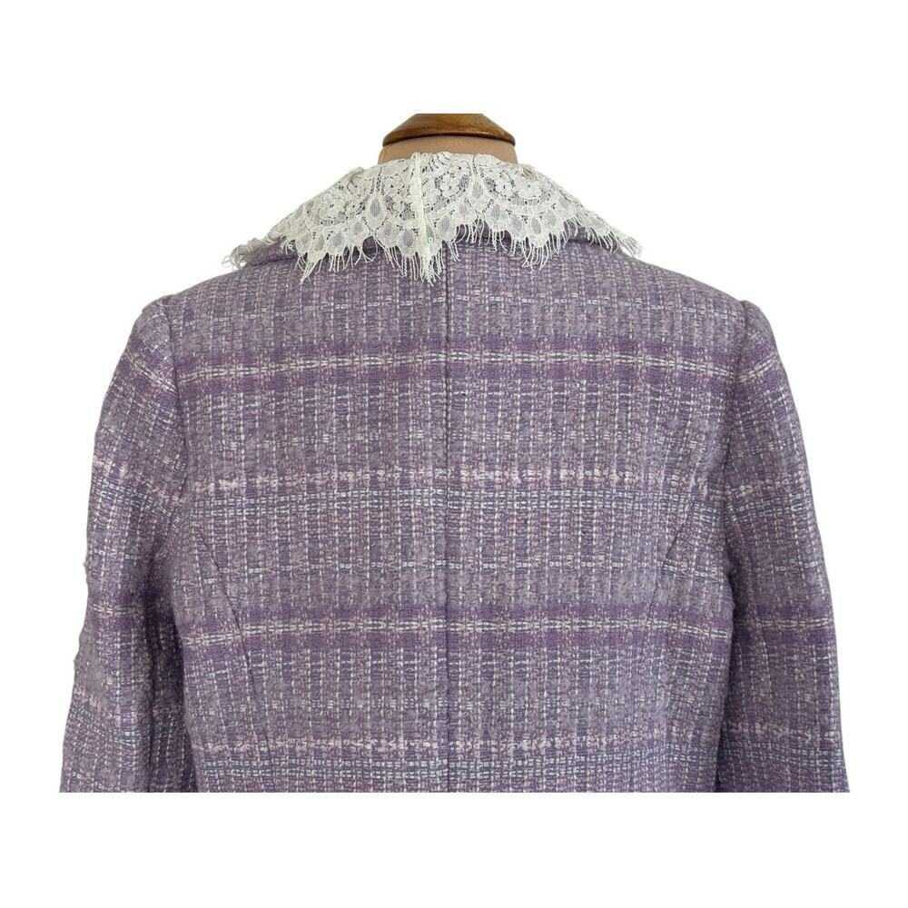 MARIE ELIE Lavender Tweed Wool Lace Trim Designer Blazer Metallic Jacket Sz L - Picture 8 of 12